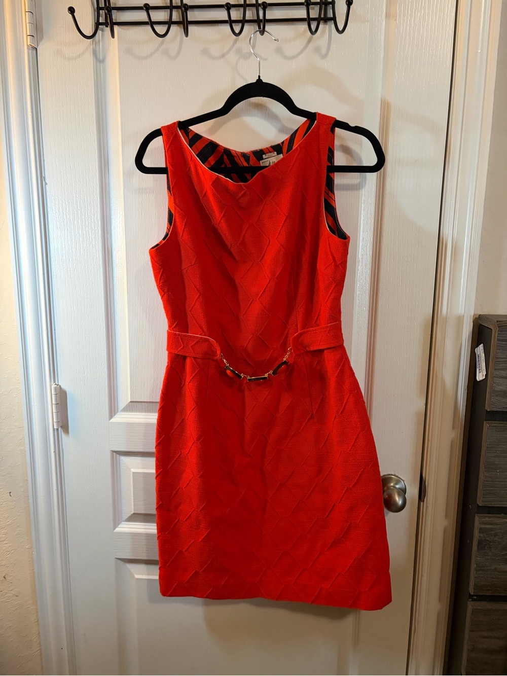 Milly Vibrant Red Sleeveless Sheath Dress with Decorative Waist Hardware